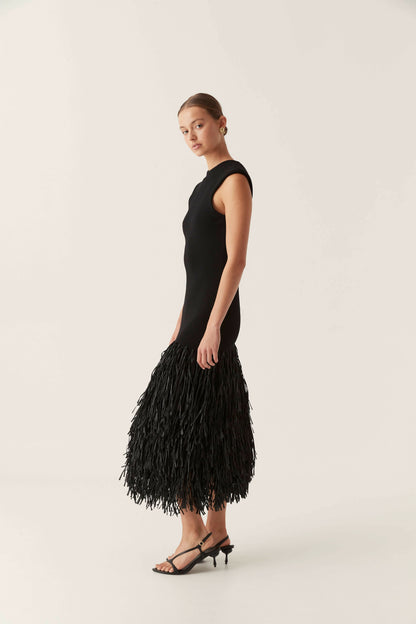 Crew Neck Sleeveless Fringe Tier Hem Rib Knit Midi Dress