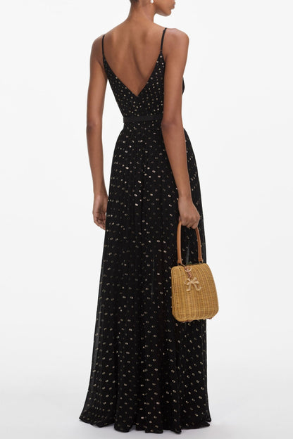 Yulaia Lace Dot Belted Pleated Maxi Dress
