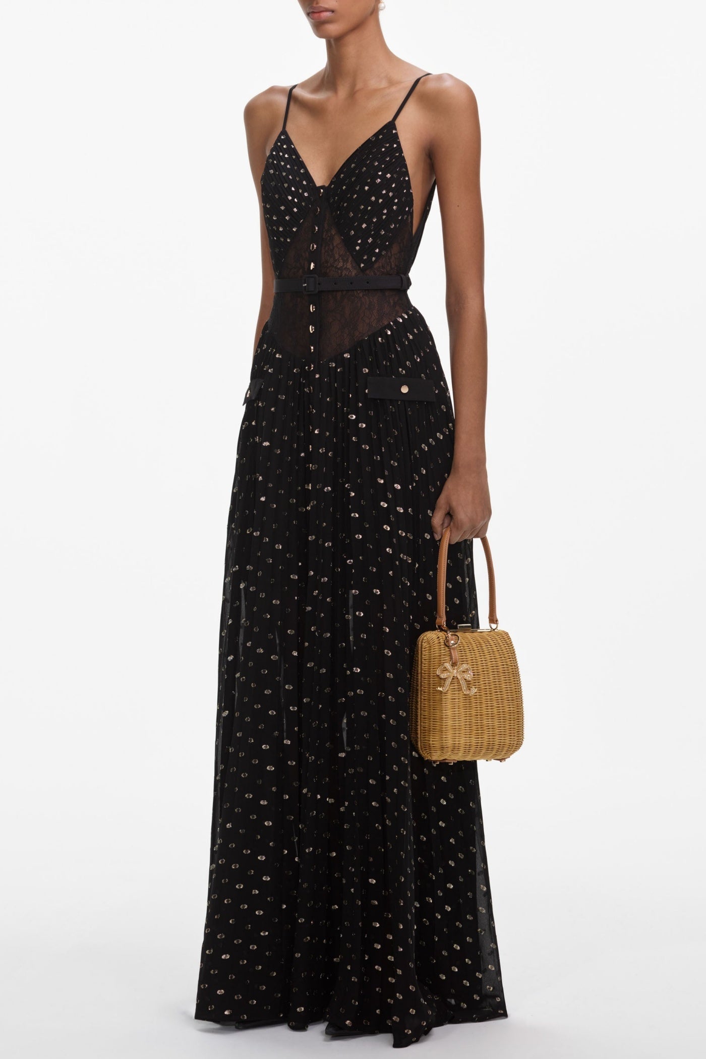 Yulaia Lace Dot Belted Pleated Maxi Dress