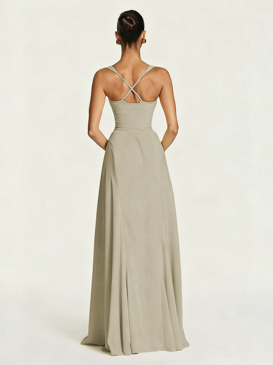 Party Dress Maxi Beige Halter Pleated Sleeveless Backless Chic Semi Formal Dress