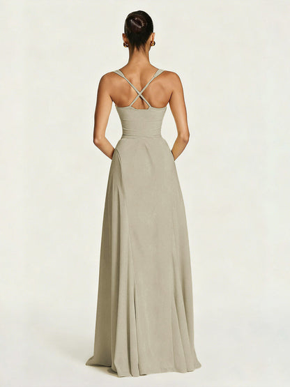 Party Dress Maxi Beige Halter Pleated Sleeveless Backless Chic Semi Formal Dress