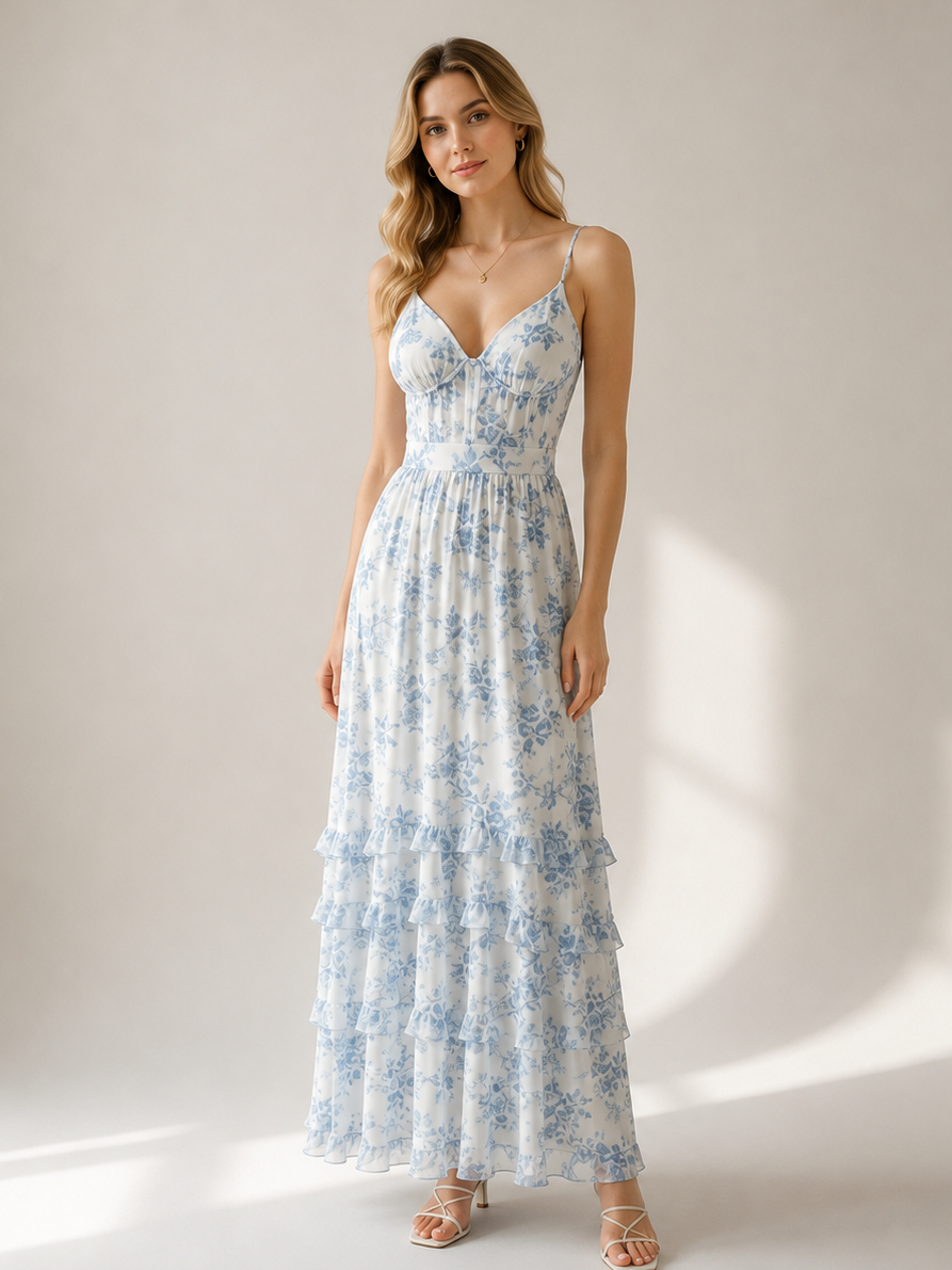 Floral Layered Ruffles Maxi Party Dress High Slit Strap Dress 2026