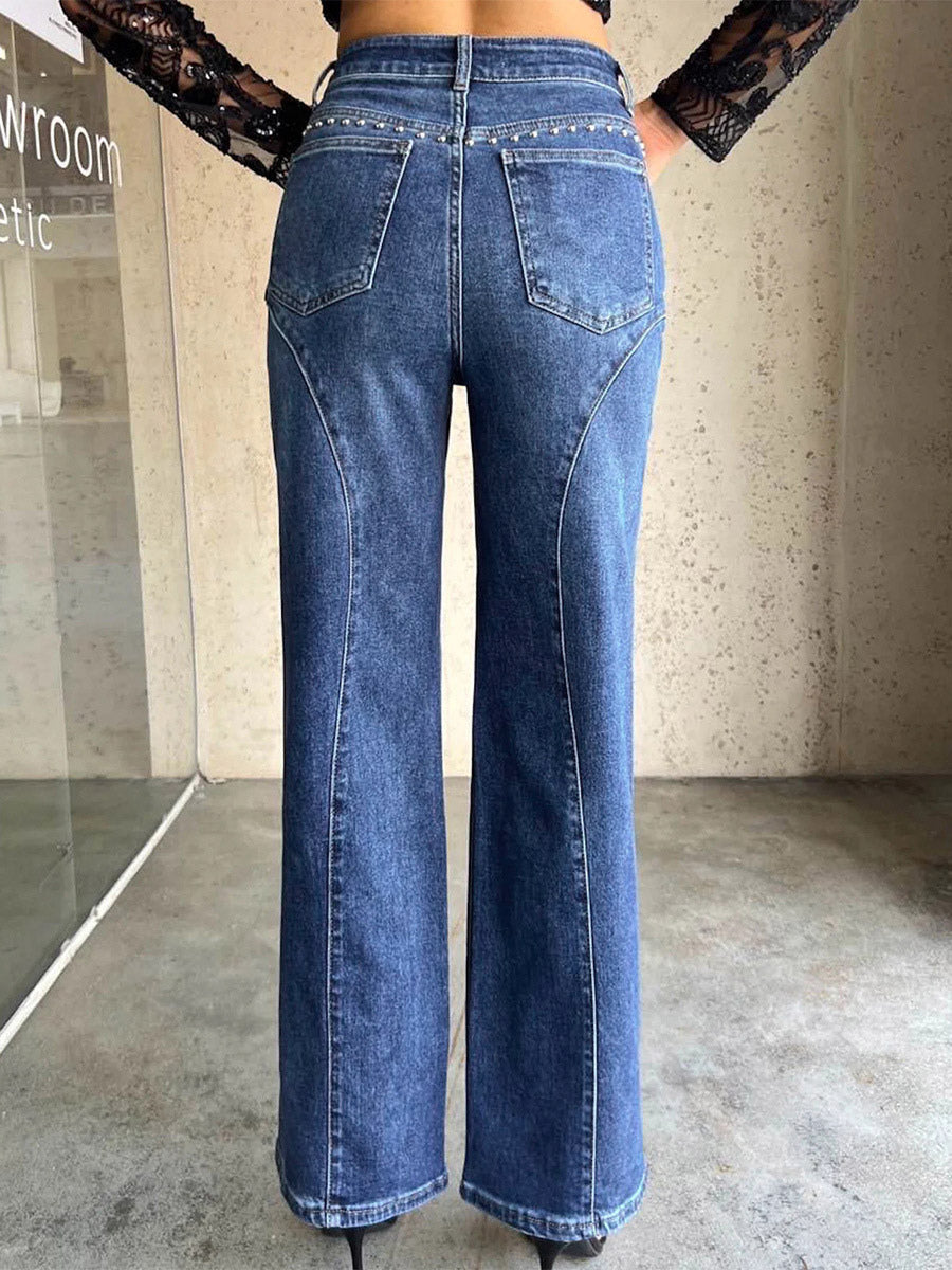 Studded Straight Leg Jeans For Women - Medium Wash Retro Rivet Detail Wide Leg Denim - Spring Night Out Fashion 2026