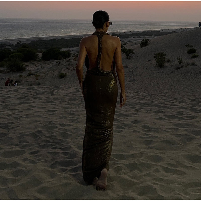 Halter Deep V Neck Metallic Shimmer Fishtail Maxi Gown