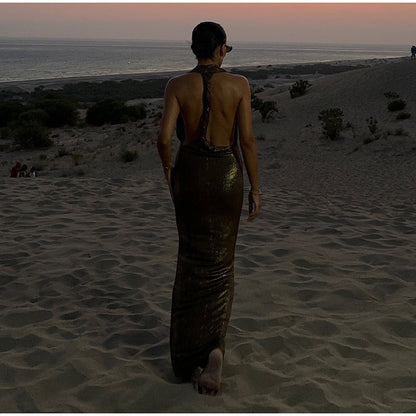 Halter Deep V Neck Metallic Shimmer Fishtail Maxi Gown