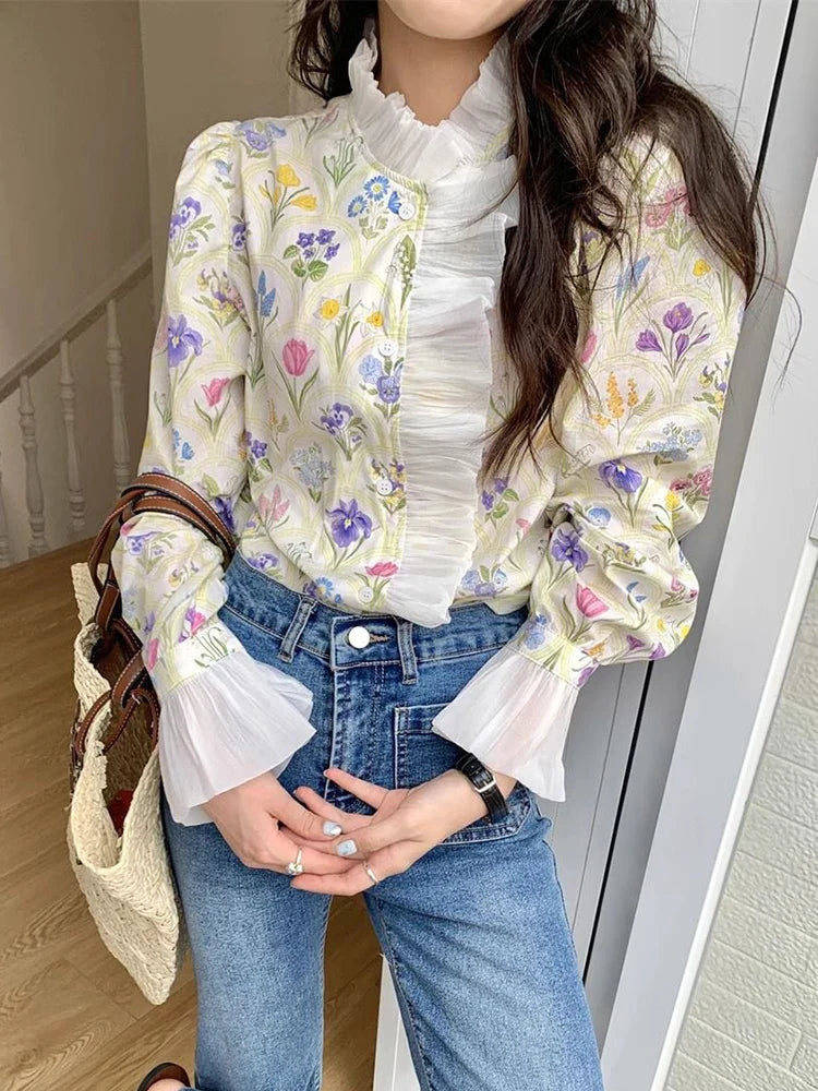 Floral Ruffled Flare Sleeve Blouse