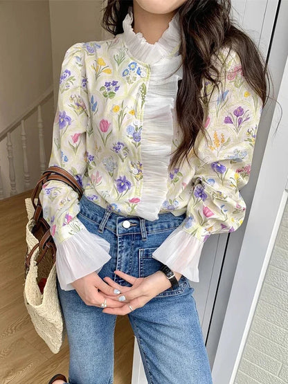 Floral Ruffled Flare Sleeve Blouse