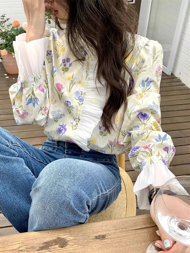 Floral Ruffled Flare Sleeve Blouse