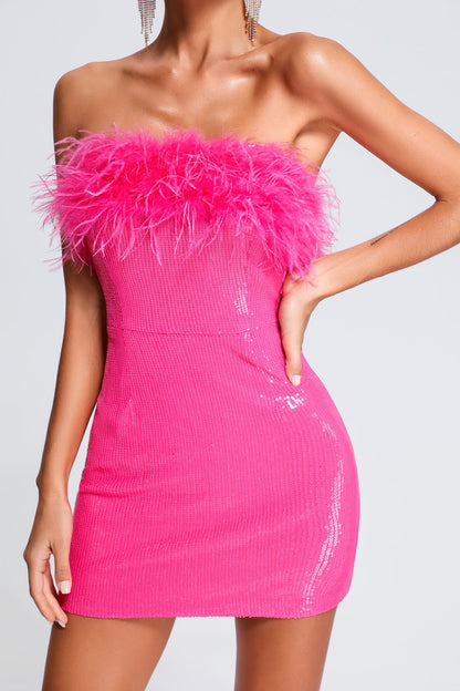 Zoya Strapless Sequin Feather Mini Dress