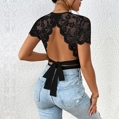 Women's Black Lace Open-Back Bodysuit – Round Neck Elegant Slim Fit Top