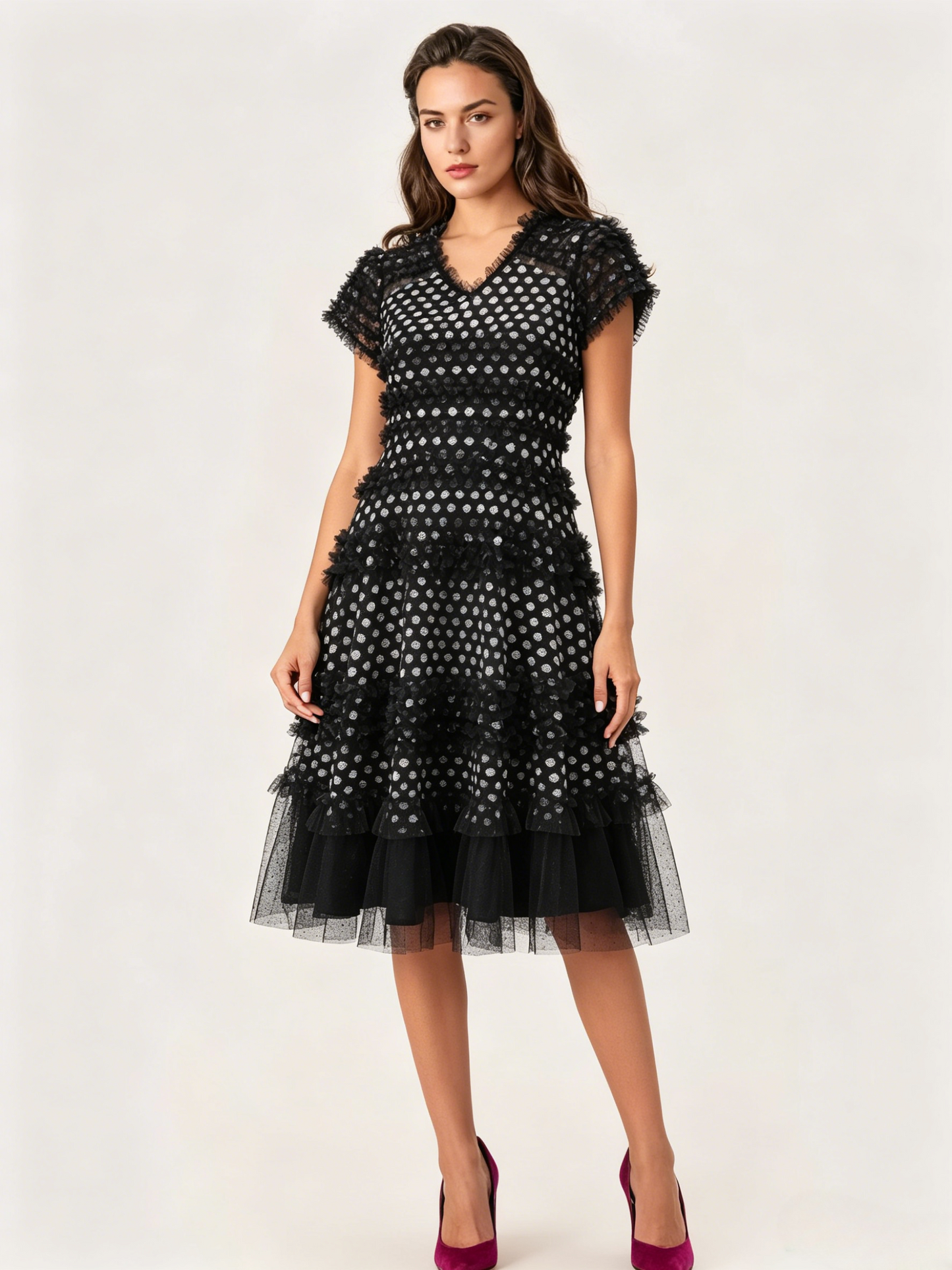 Vacation Dresses Midi Pleated Short Sleeves V-Neck Chic Black Dress