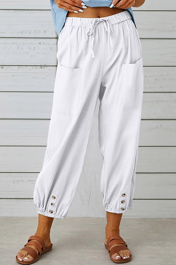 Loose casual button down cropped cotton linen trousers wide leg