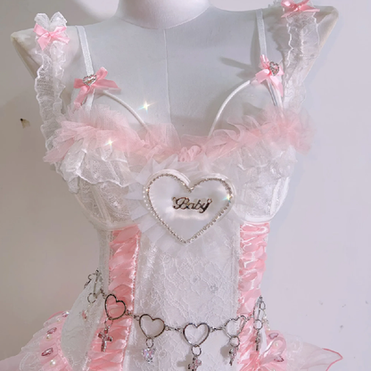 Ruffle bowknot lace metal chain top