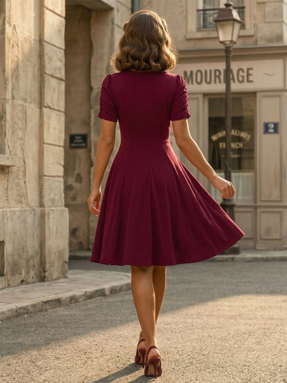 V Neck Ruched Bust Short Sleeve A Line Swing Cocktail Dress For Women 2026