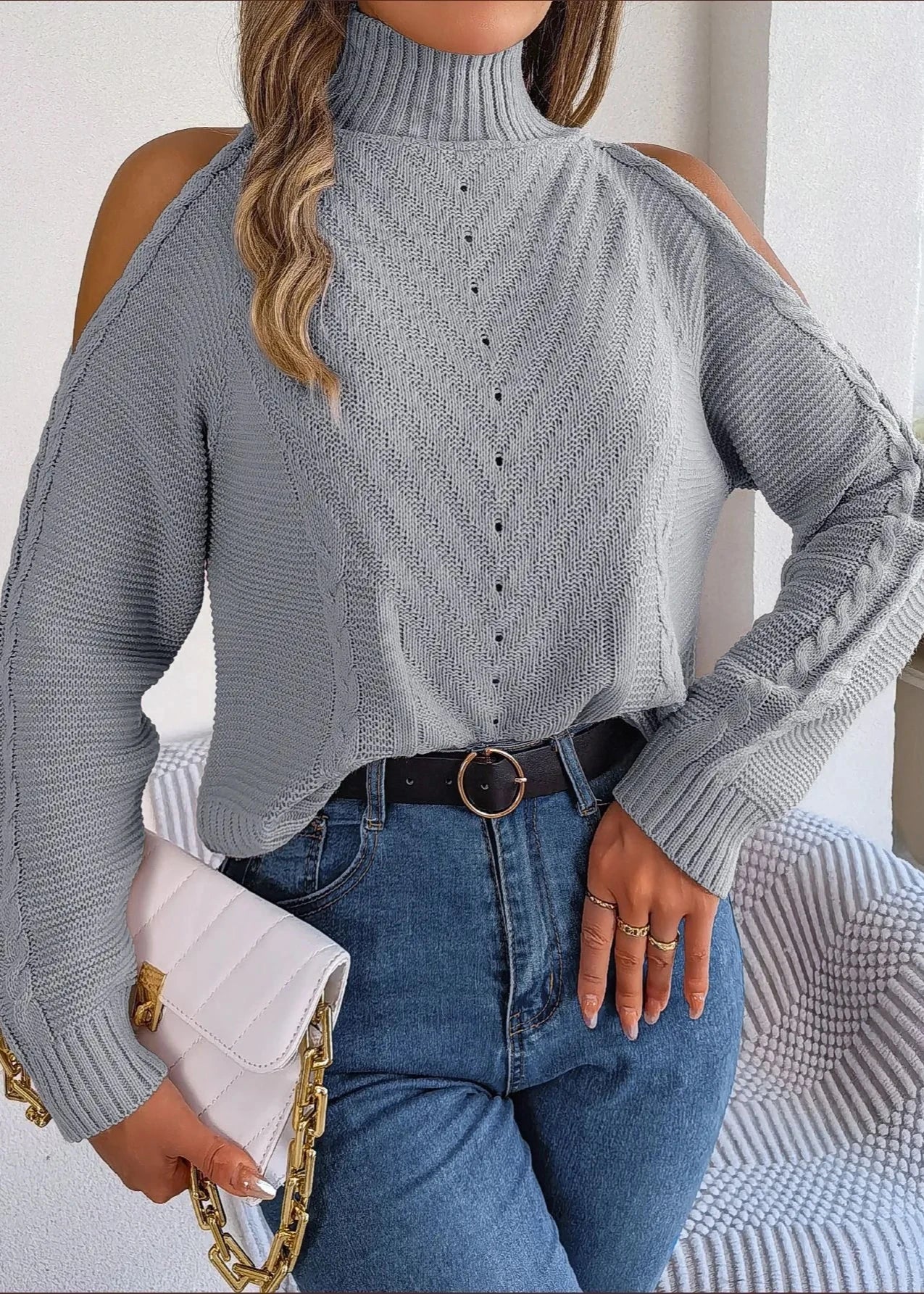 Cozy Off-Shoulder Turtleneck Knit Sweater