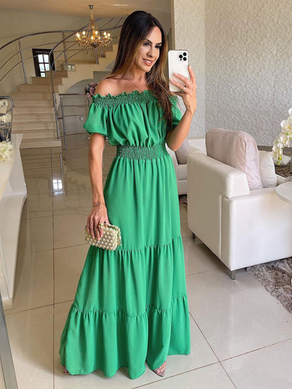 Off Shoulder Smocked Maxi Dress For Women - Boho Tiered A-Line Beach Gown with Puffy Sleeves - Summer Vacation 2026