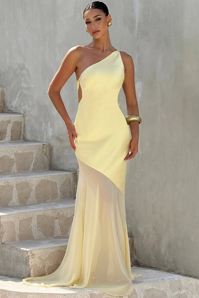 One Shoulder Side Cutout Sheer Panel Fishtail Maxi Dress