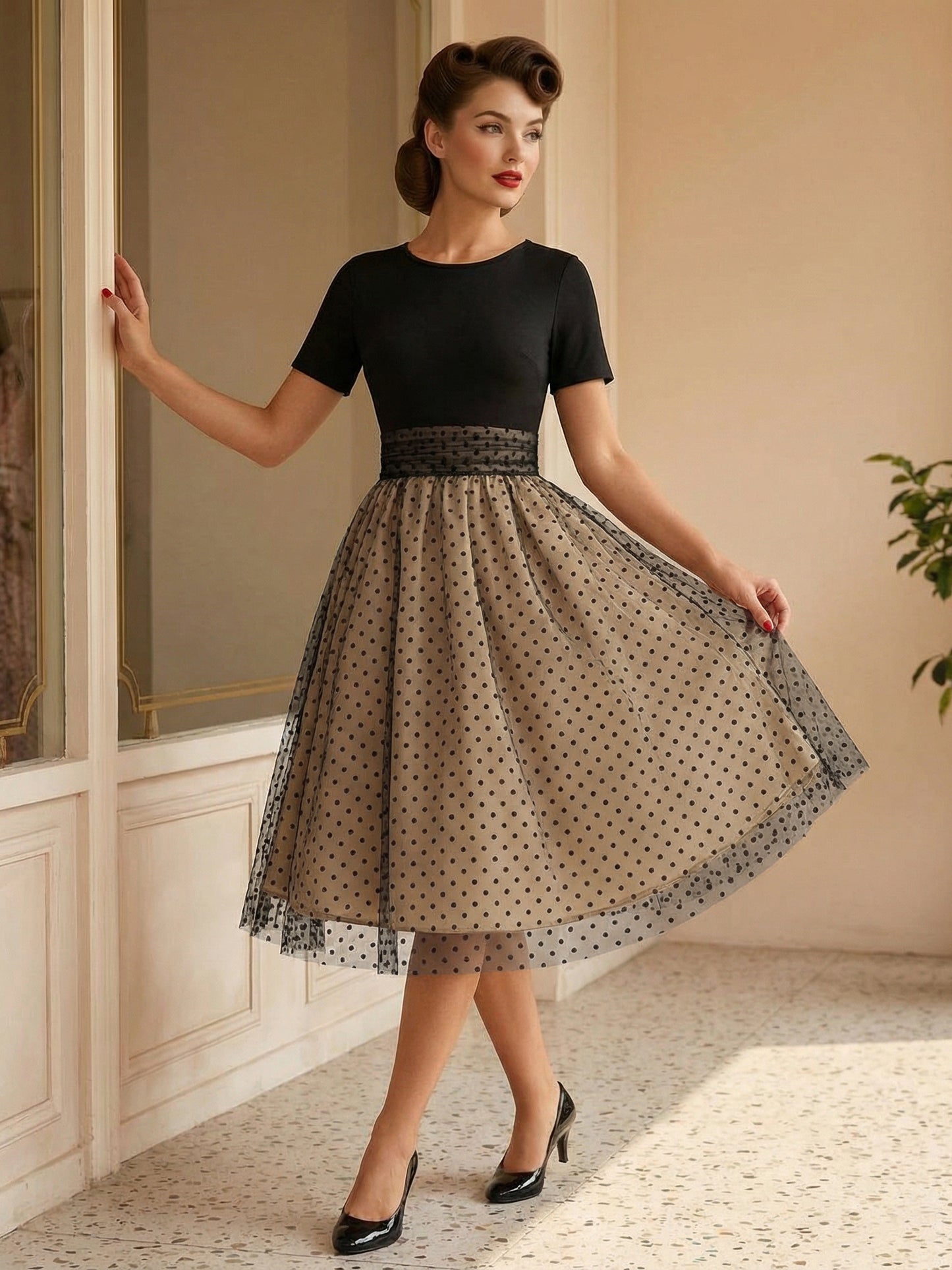Retro Glamour Dress 1950s Style Jewel Neck Layered Short Sleeves Medium Polka Dot Rockabilly Dress