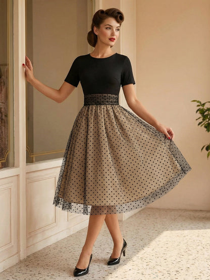 Retro Glamour Dress 1950s Style Jewel Neck Layered Short Sleeves Medium Polka Dot Rockabilly Dress