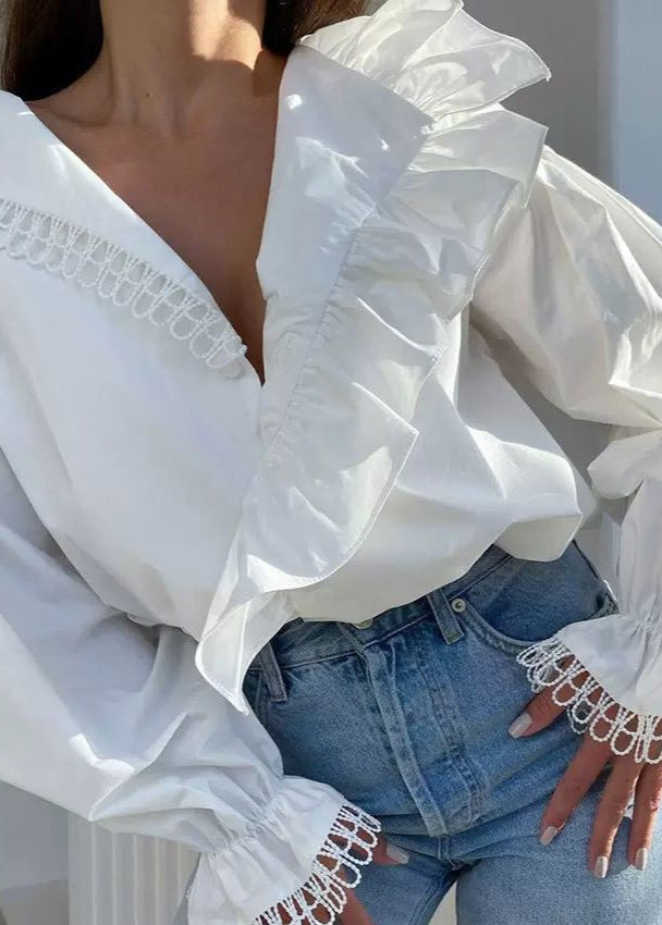 Aurora – Ruffle Trim Long Sleeve Blouse – Classylooker