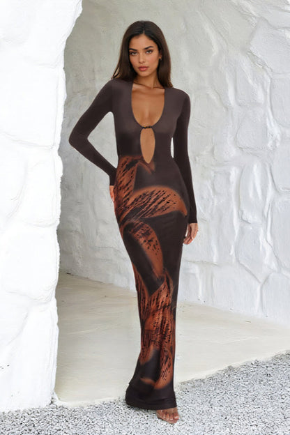 Deep V Cutout Print Long Sleeve Maxi Dress
