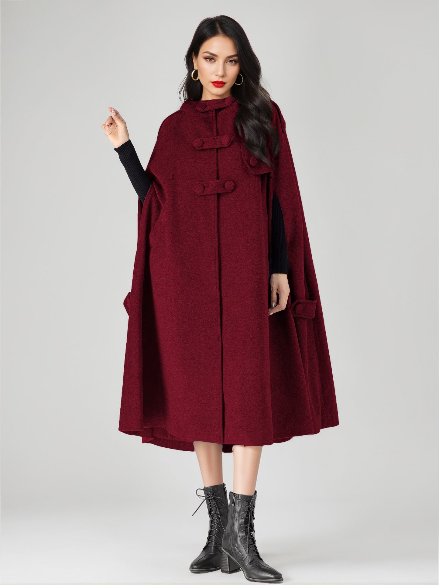 Wool Blend Cape Coat For Women Hooded Gray Oversized Long Poncho Outerwear 2026