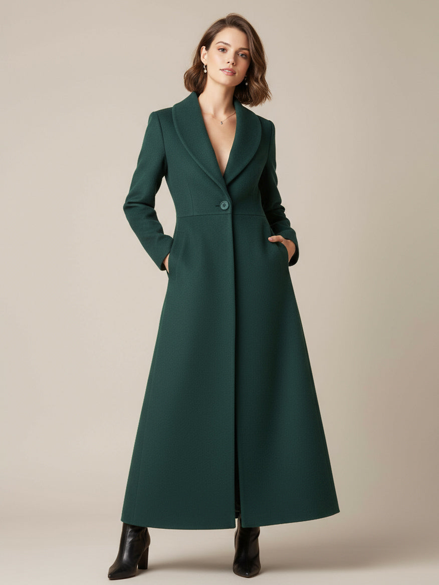 Shawl Collar Full-Length Woolen Coat With A-Line And V-Neck For Women 2026