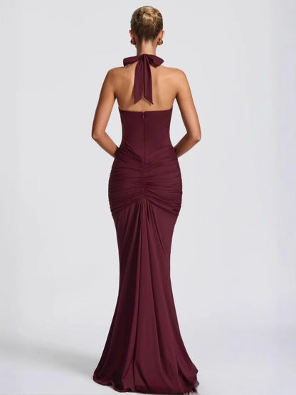 Deep V Halter Neck Gown with Train Elegant Women_Dress