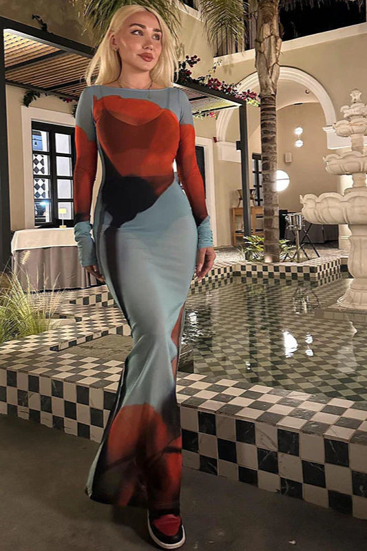 Floral Mesh Sheer Round Neck Split Maxi Dress