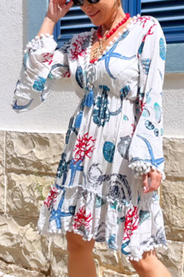 Bell Sleeve V Neck Coral Starfish Short Dress