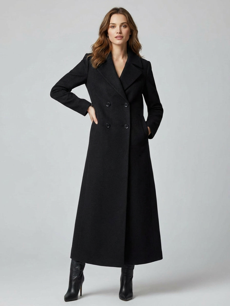 Maxi Double-breasted Woolen Coat in Sophisticated Straight Cut For Women 2026