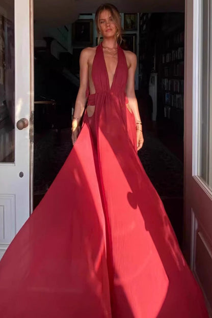 French Sexy Backless Halter V-Neck Maxi Dress