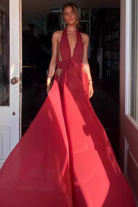 French Sexy Backless Halter V-Neck Maxi Dress