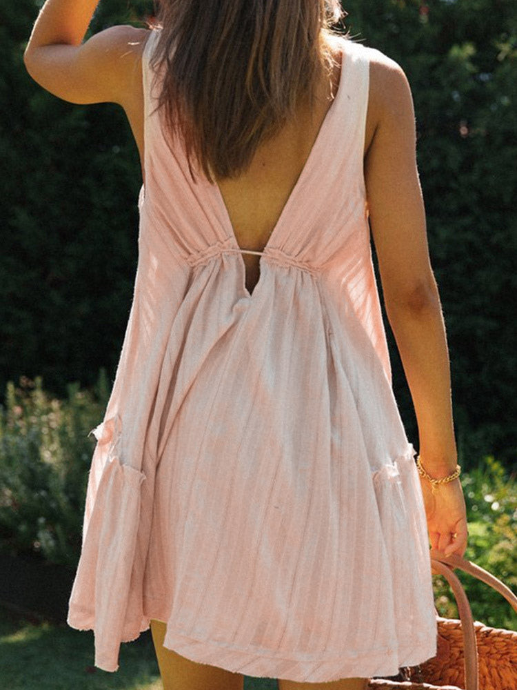 Cotton Sleeveless Babydoll Dress for Women - Boho V Neck Backless A-line Mini Sun Dress - Summer Beach Vacation 2026
