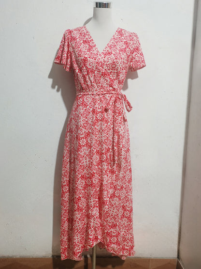 Floral Boho Short Sleeve Wrap Maxi Dress - V Neck Belted High-Low Flowy Sun Dress - Summer Beach Vacation 2026