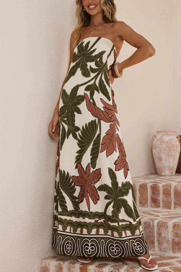 Botanical Print Sleeveless Off-shoulder Resort-style Loose Maxi Dress