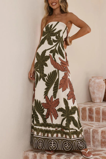 Botanical Print Sleeveless Off-shoulder Resort-style Loose Maxi Dress