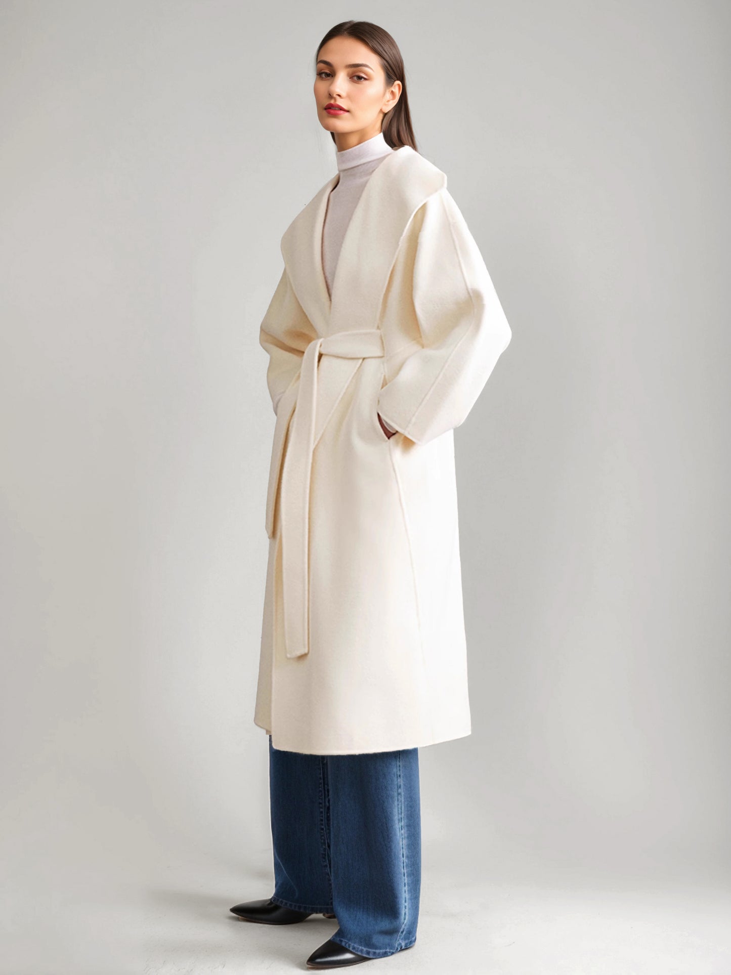 Wool Cashmere Blend Coat White Wide Lapel Double-Faced Belted Winter Outerwear For Women 2026