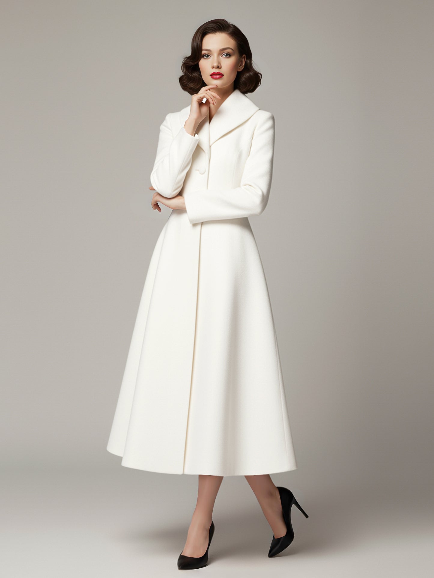 Vintage Unique Lapel A-line Woolen Flared Coat In White For Women 2026