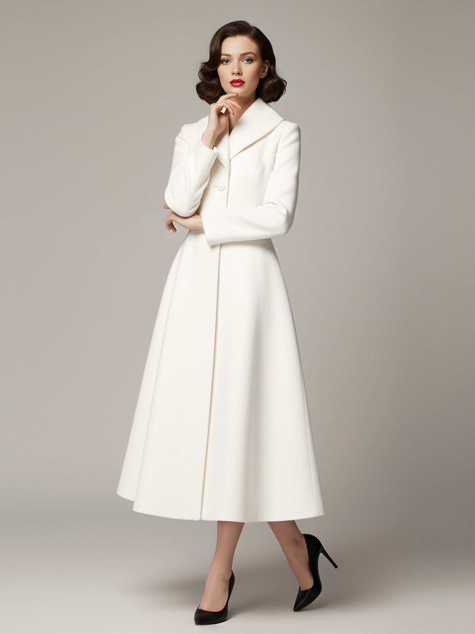 Vintage Unique Lapel A-line Woolen Flared Coat In White For Women 2026