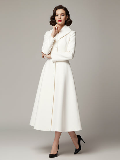 Vintage Unique Lapel A-line Woolen Flared Coat In White For Women 2026