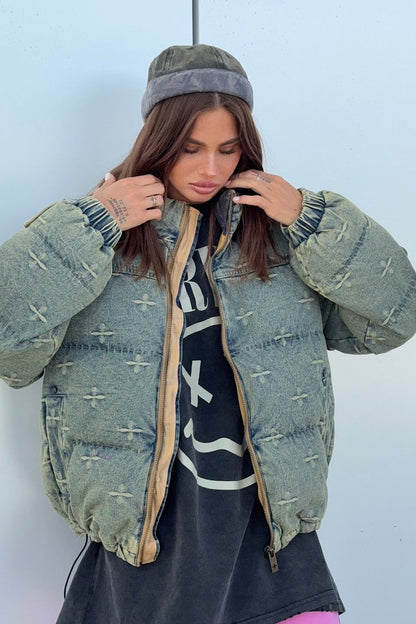 Vintage Washed Cross Embroidery Puffer Jacket