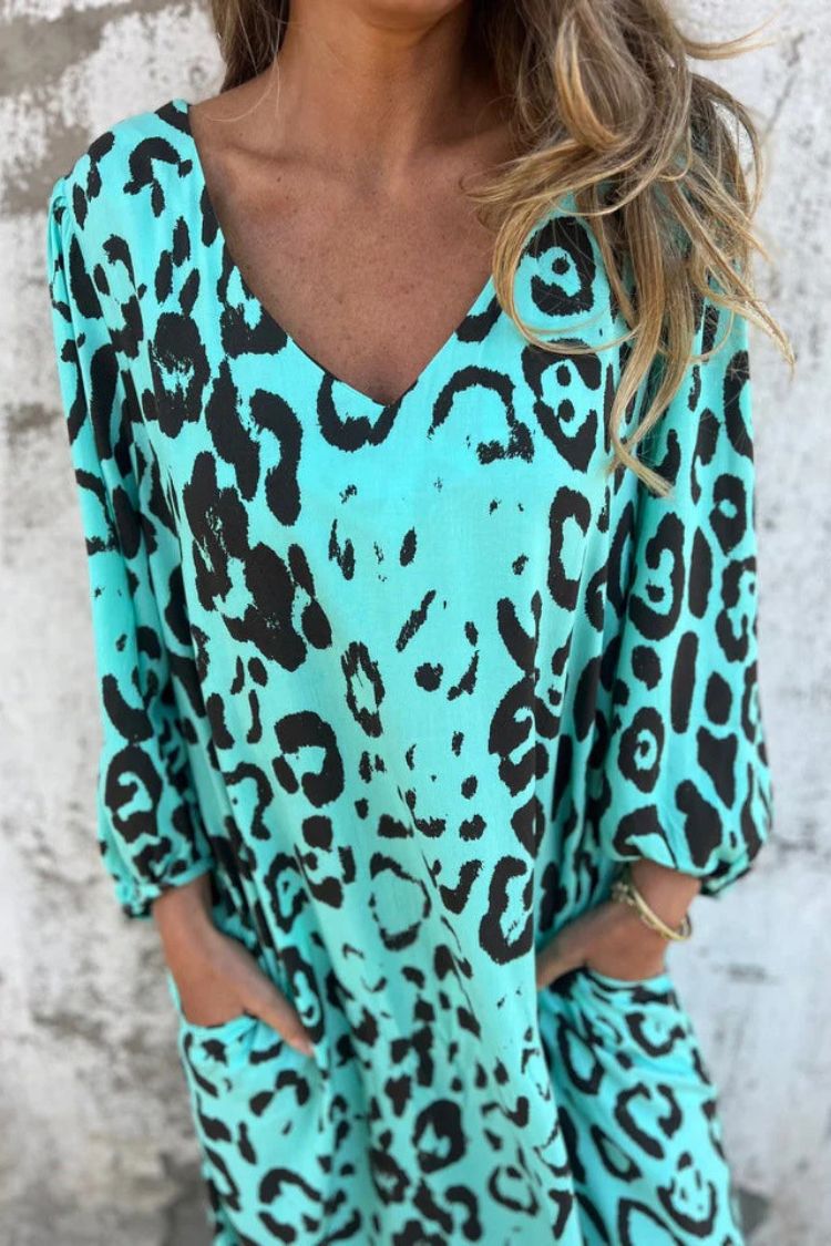 Leopard Print V-neck Pullover Long-sleeved Loose Dress
