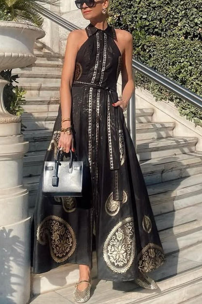 Vacation Calls Unique Print Shirt Neck Sleeveless Tie-up Pocketed Maxi Dress