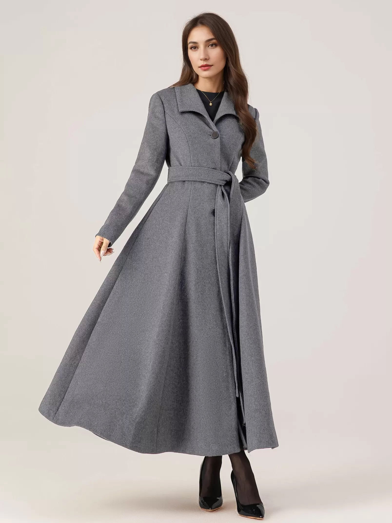 Long Woolen Flared Coat Gray Belted Winter Full Length Outerwear For Women 2026