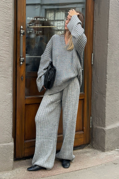 Relaxed Fit V Neck Ribbed Sweater with Pants Two Piece Pants Set