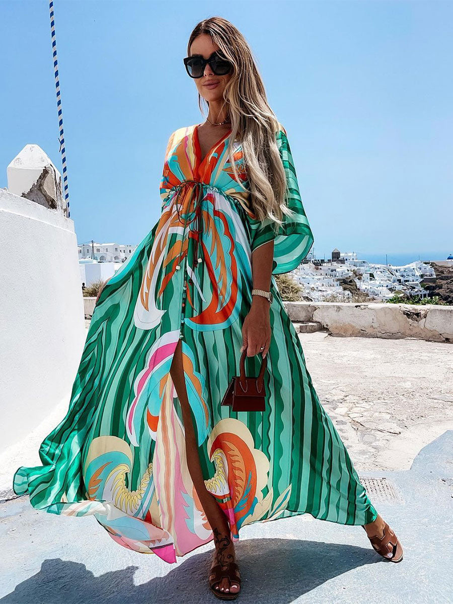 Geometric Kaftan Dress for Women - Boho Drawstring Waist High Slit Maxi Cover-up Dress - Summer Beach Resort Wear 2026