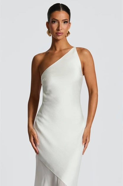 One Shoulder Side Cutout Sheer Panel Fishtail Maxi Dress