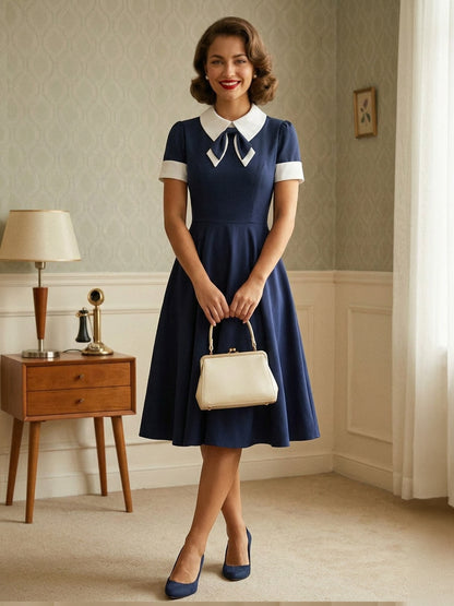Vintage 1950s Swing Cocktail Dress for Women - V Neck Short Sleeve A-Line Ruched Bust Rockabilly Midi Gown - Wedding Guest 2026