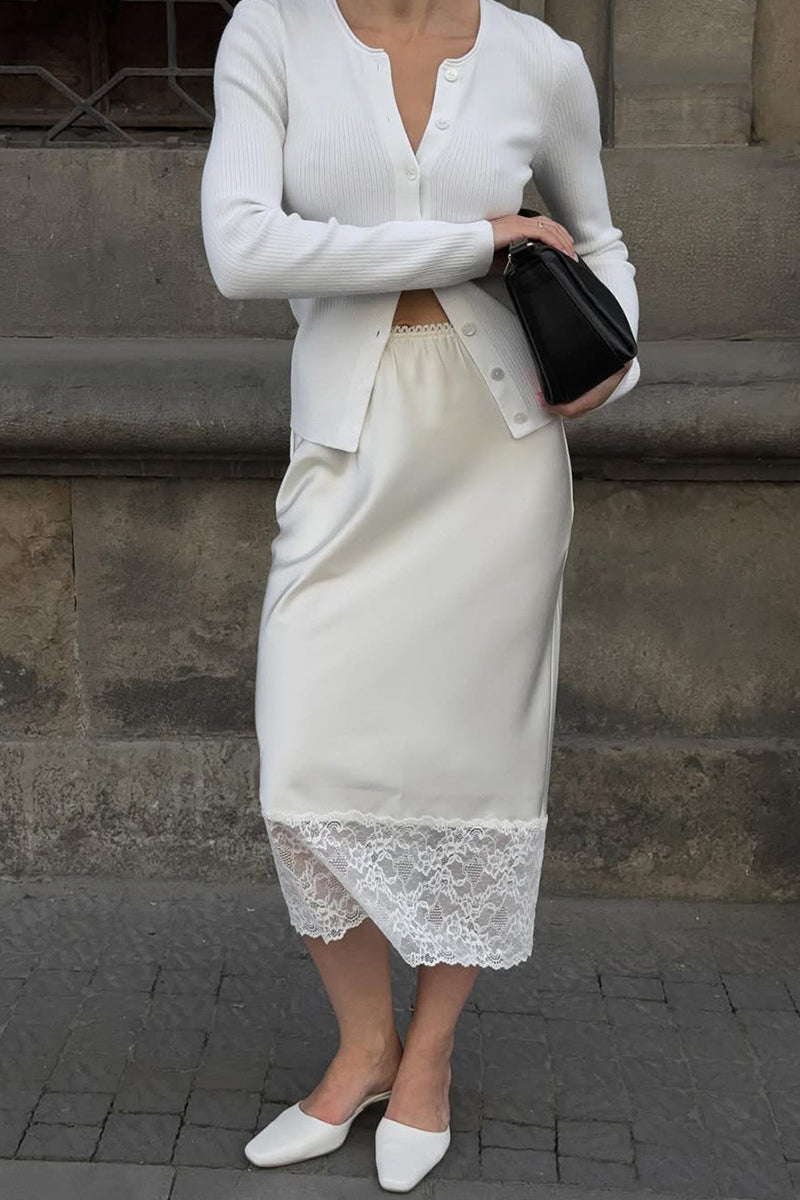 Satin Lace Trim Midi Skirt
